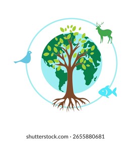 Planet Earth illustration. Green tree roots. Wildlife creatures Vector. Environmental protection concept.
