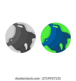 Conjunto de Ilustração Planet Earth Apresentando Globos Coloridos e Silhuetas Monocromáticas em Estilo de Vetor Plano para Design Ambiental, Geográfico e Educacional.