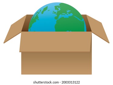 
Planeta Tierra dentro de una caja de cartón marrón sobre fondo blanco. Desempaquetar