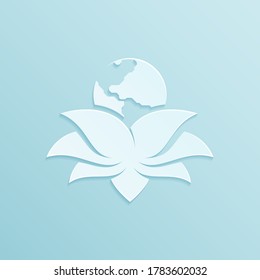 Planet earth inside of lotus flower petals. Save the Planet; International Earth Day; Mother Earth concept. Paper cut vector illustration