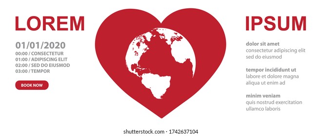 Planet Earth inside red heart, vector web banner template