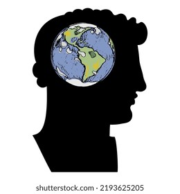Planet earth inside silhouetted human head. Creative concept. Man and nature. 