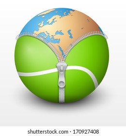 Planet Earth inside tennis ball. Vector sport Illustration. Isolated.