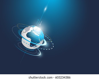 Planet Earth with interface abstract circles on blue background