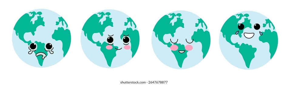 planeta terra como caráter kawaii em vetor. globo com continentes. objetos para design, mascote, adesivo, cartaz, impressão