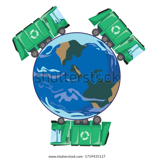 Planet earth and a large garbage sorting\
machine as a concept of eco-friendly lifestyle in the world. Flat\
vector stock illustration with trash truck and planet earth\
isolated on white\
background