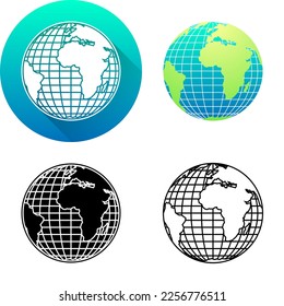 Planet Earth, Latitude-Longitude Line Science Icon, Set of Flat Long Shadow, Color, Black-White Silhouette, Line Art Logo Icon Symbol Isolated on White Background for Science Medical