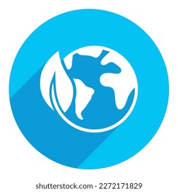 Planeta tierra con un icono de hoja. diseño de sombra larga. fondo azul.