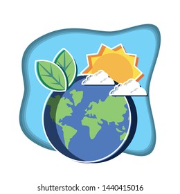 planet earth with leafs and sun
