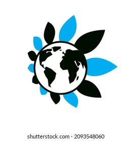 Planet earth with leaves around it simple vector logo or icon symbolizes environment protection and climate changing problem.