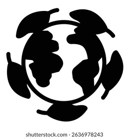 Planet earth and leaves around solid icon, culinary cooking concept. Vector graphics. World globe with leaf round branch sign on white background, style mobile or design