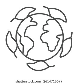 Planet earth and leaves around thin line icon, culinary cooking concept. Vector graphics. World globe with leaf round branch sign on white background, linear style icon for mobile or web design