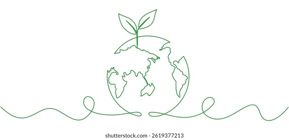 Planet Earth with leaves continuous line drawing. World map with curve line. Linear globe symbol. Vector illustration isolated on white.