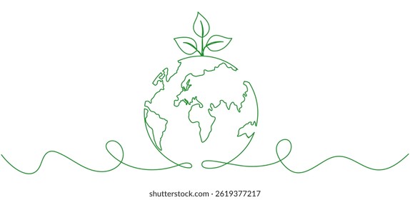 Planet Earth with leaves continuous line drawing. World map with curve line. Linear globe symbol. Vector illustration isolated on white.