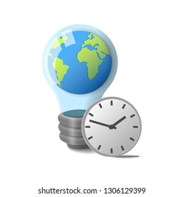 Planet earth in a light bulb and clock in realistic isolated. Concept earth hour save energy