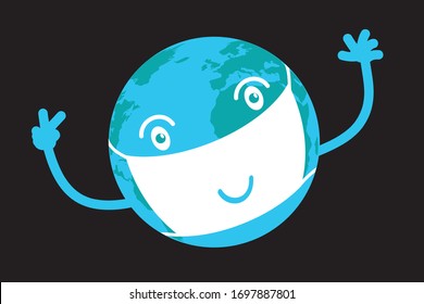 Planet Earth like emoticon with medical protective mask on face. Kawai style, vector format. 