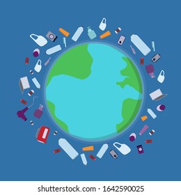 Planet Earth littered with waste, garbage concept. Poluttion. Enviromental issues. Vector illustration isolated on blue background. Earth day. Safe the planet. Stock illustration. 