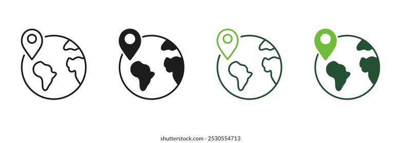 Planet Earth with Location Pin Line and Silhouette Icon Set. International Shipping Symbol. Global Delivery Icon. Worldwide Delivery Sign. Editable Stroke. Isolated Vector Illustration.