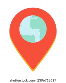 Planet earth location pinpoint 2D cartoon object. Discovering traveling pin isolated vector item white background. World map exploration. Globe direction navigation color flat spot illustration