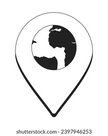 Planet earth location pinpoint black and white 2D cartoon object. Discovering traveling pin isolated vector outline item. World map exploration. Direction monochromatic flat spot illustration