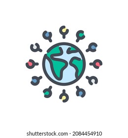 Planeta Tierra con punteros de ubicación icono de línea de color. Signo colorido del contorno del vector de conexión de globo.