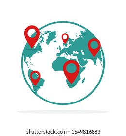 Planet Earth with location symbols. Vector illustration. Concept of navigation. Earth with GPS pointers