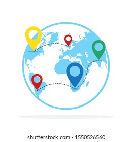 Planet Earth with location symbols. Vector illustration. Concept of navigation. Earth with GPS pointers