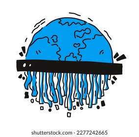 Planet Earth is lowered into a paper shredder. The concept of destroying the planet. Vector illustration is hand-drawn.