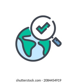 Planet Earth with magnifier and check mark color line icon. Global research vector outline colorful sign.