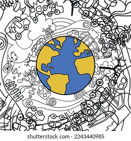 Planet Erde mit vielen Elementen und Objekten um sich herum. Vektorgrafik im Cartoon-Stil.