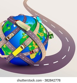 Planet Earth With Many Intertwined Roads.  Freight And Logistic Technologies, Winding Roads. Vector Illustration