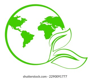 Planet earth with map and green leaves, logo or emblem, symbol. Earth day concept, greening the planet, caring for the environment. Ecologically clean planet