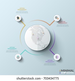 Planet Earth with map pins, 4 round elements with icons inside and text boxes placed around it. Concept of international logistics, transportation. Minimalistic infographic design template.