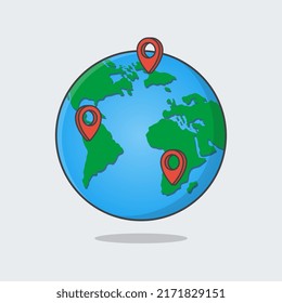 Planet Earth With Map Pins Cartoon Vector Illustration. Location Pin Pointer On Global Earth Flat Icon Outline