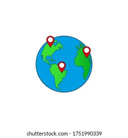 Planet Earth and map pins icon.
