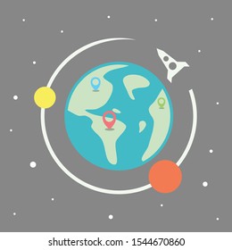 Planet Earth with map pins and rocket icon from astronomy. Flat design planet earth for element design or background. Vector illustration EPS.8 EPS.10