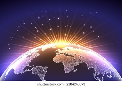 Planeta Tierra vista desde el espacio con pancarta concepto de amanecer en estilo futurista de brillo en violeta 