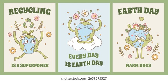 Planet earth mascot cards. Funny cartoon personage, ecological symbol, save nature, cute globe with face, feet and hands, posters design, environmental care, garish vector isolated set