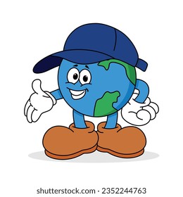 Planet earth mascot character wearing cap. World earth day nature care concept. Cute earth globe with emotions, face, hands, cap, feet in shoes.