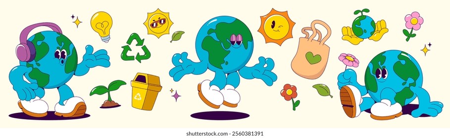 Planet Earth mascot surrounded by eco friendly symbols - recycling bin, growing plants, reusable bag, light bulb, sun. Cheerful global character shown listening to music, floating, relax with flowers.