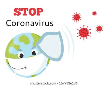 Planet Earth in a mask and with a shield is protected from the virus. Vector illustration