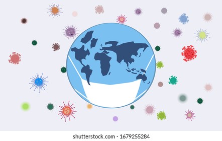 Planet earth with mask vector and virus vector icon isolated on light color background, flat vector for graphic design