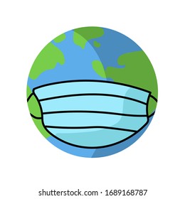 
planet earth in a medical face mask. planet earth suffers due to coronavirus covid-19 2019-ncov and forest fires