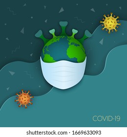 Planet Earth With A Medical Mask With Coronavirus (2019-nCoV) Crown On Wave Background With Floating Coronavirus Particles Around. Vector Illustration In Cartoon Paper Art Style. 