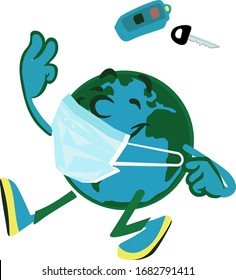 Planet Earth in a Medical Mask Enjoys Clean Air. Caricature where the Earth Throws away the car Keys. OKVED-19 Made the air on the Planet Clean.