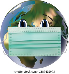 Planet Earth with a medical mask. Global virus protection concept. Corona virus Awareness. 3d illustration on a white background
