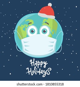 Planet Earth in medical mask on blue. Happy holidays, lettering. Pandemic Christmas concept. Vector illustration