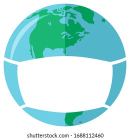 Planet earth in a medical mask is protected from the covid19 coronavirus. Global pandemic COVID-19. Concept of self-isolation in a coronavirus epidemic.