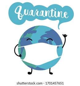 Planet Earth in a medical mask in quarantine during a coronavirus epidemic. Cute cartoon vector illustration.
