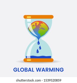 Planet Earth is melting and dying of global warming and is turning into a puddle in the hourglass. Ecological disaster concept vector illustration.